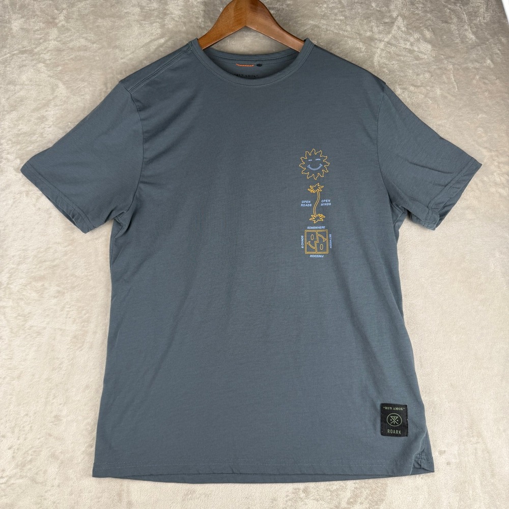 Roark Run Amok Mens Drirelease Graphic Tee Slate Blue Grey Size Medium M